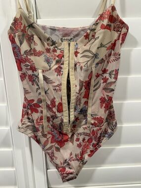 Free people-Floral Mesh Bodysuit Tank Top - Beige & Red